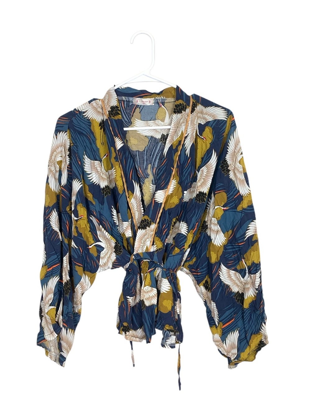 Japanese inspired crane print Momoni wrap top